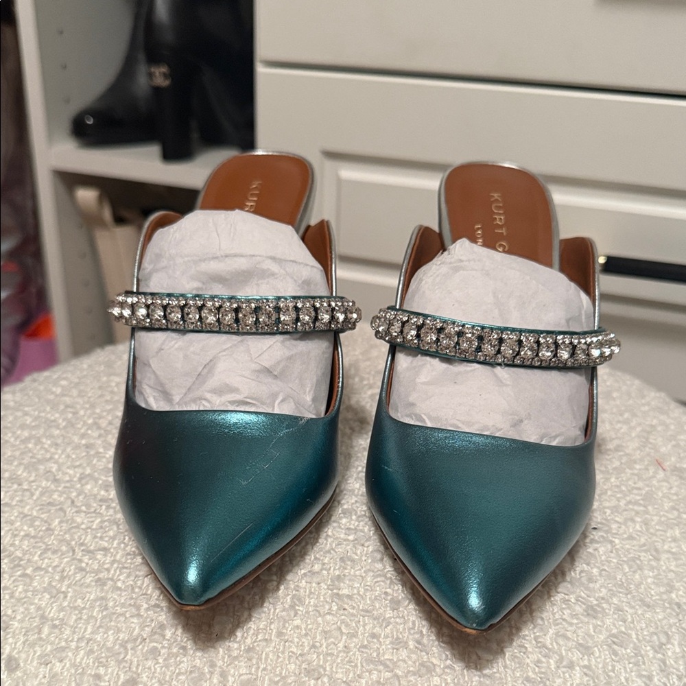 Kurt Geiger Metallic Teal Heels with Rhinestone Strap